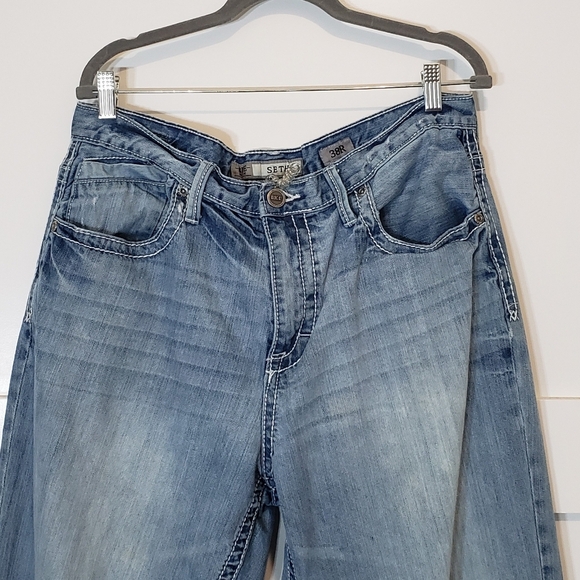 BKE Seth Jeans Size 38 X 30.5 High Rise Lightwash Straight Leg Whiskering Fading - Picture 4 of 16